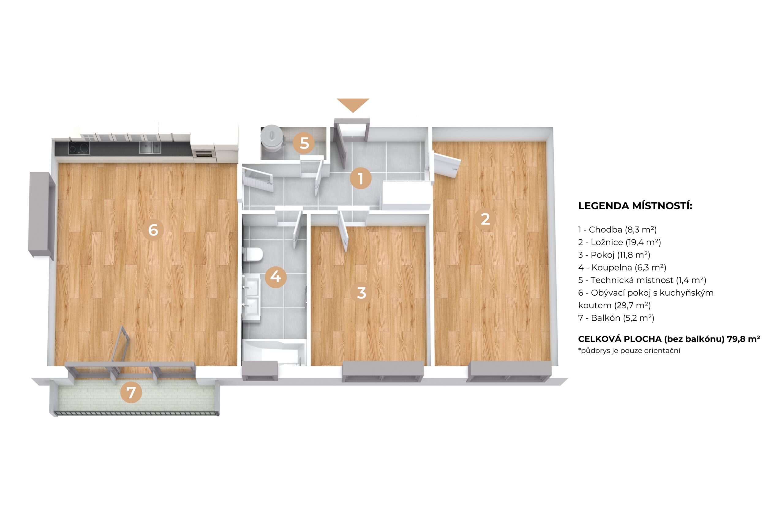 3D půdorys - byt 3kk(nevybavený)